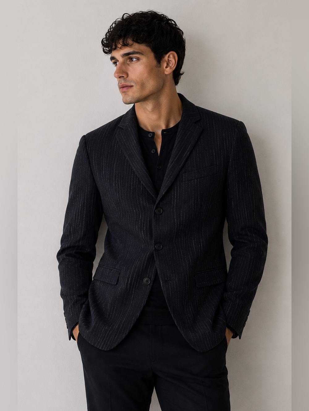 John Varvatos Collection Textured Black Wool Blend Blazer Sz 46 Tailored Jacket